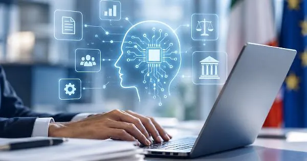 Immagine d'archivio della testata: intelligenza artificiale al lavoro su un portatile